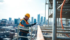 Skilled scaffolders Manchester assembling metal scaffolding on a construction site.
