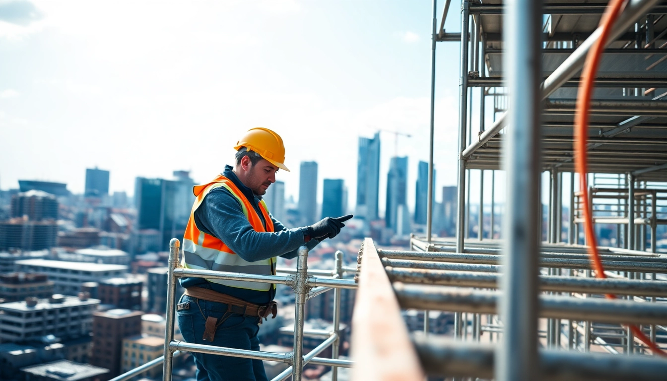 Skilled scaffolders Manchester assembling metal scaffolding on a construction site.