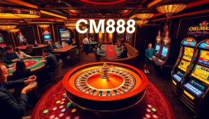 Experience the excitement of gambling at CM88, featuring a roulette wheel and lively players at tables.