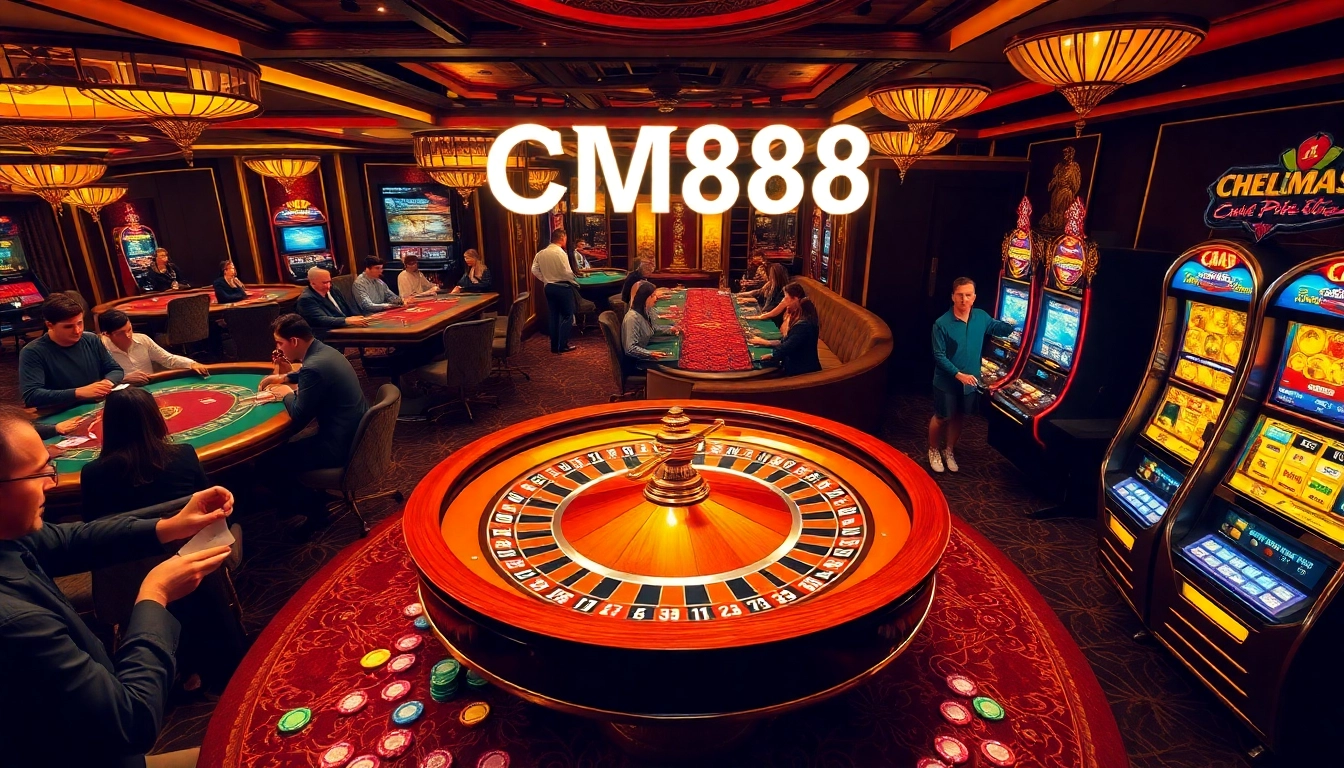 Experience the excitement of gambling at CM88, featuring a roulette wheel and lively players at tables.