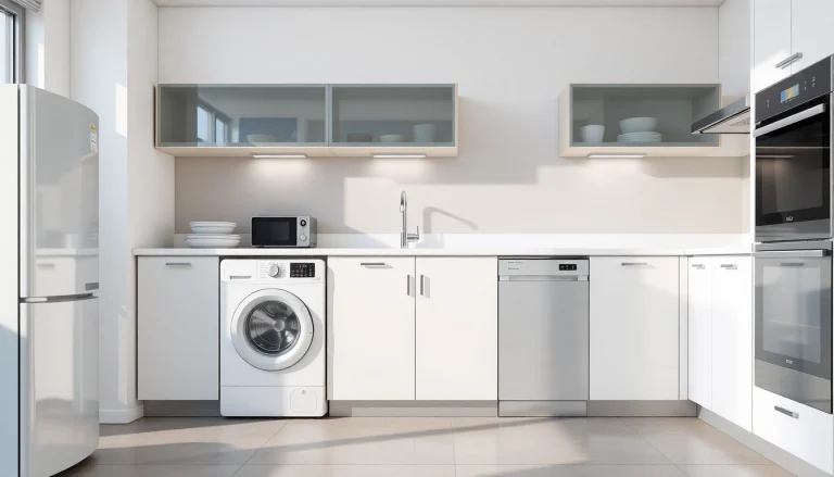 Explore бяла техника in a modern kitchen featuring well-arranged appliances for an organized cooking space.