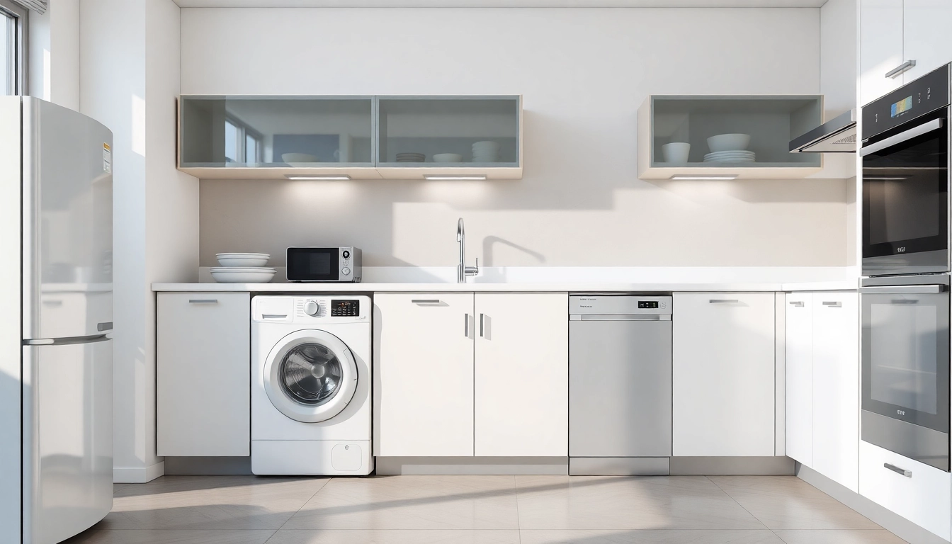 Explore бяла техника in a modern kitchen featuring well-arranged appliances for an organized cooking space.