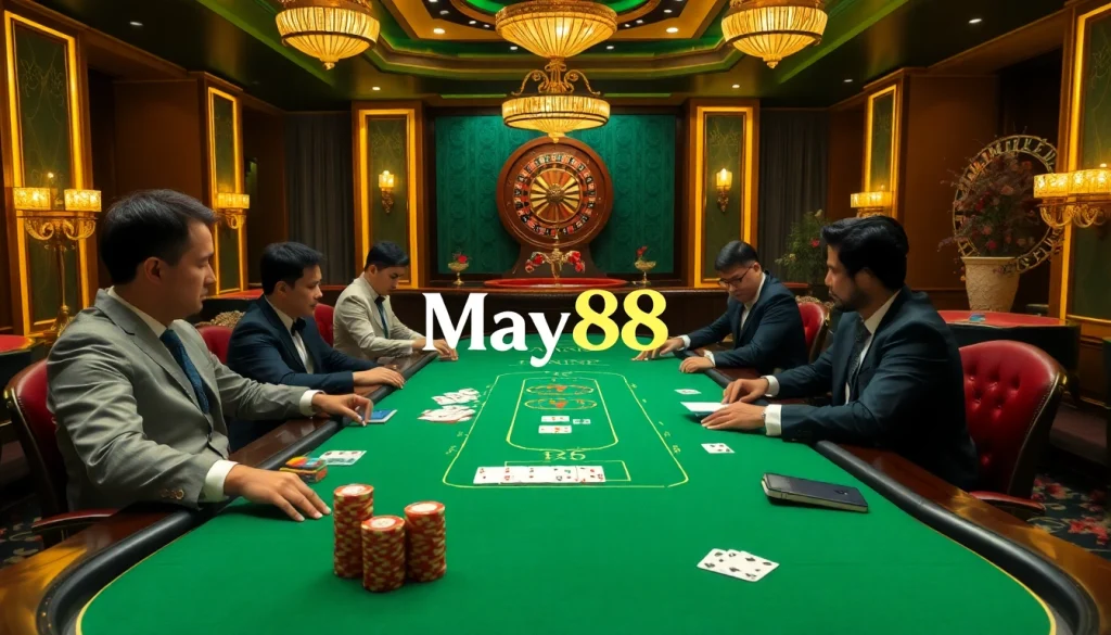 Experience high-stakes poker at May88 casino featuring elegant players and luxurious decor.