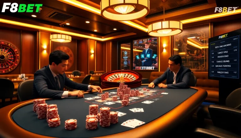 Experience the excitement of F8BET with vibrant gaming tables and professional poker players.