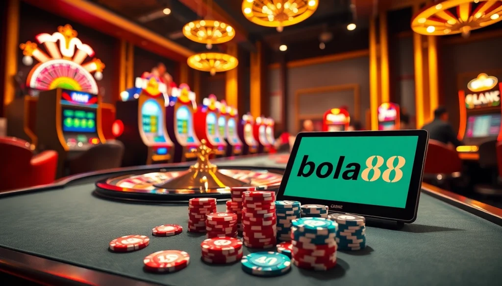 Experience thrilling online gambling with ingat bola88 as vibrant slot machines and poker chips create an electrifying atmosphere.