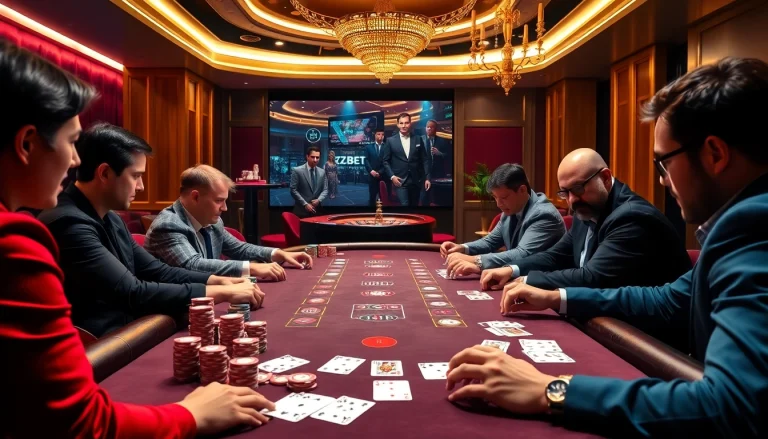Players engaged at the poker table at nhà cái zbet, showcasing strategy and thrill in a luxurious casino setting.