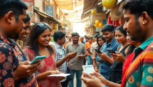 People engaging with Hela Ads in a vibrant Sri Lankan marketplace, showcasing personal and spa services.