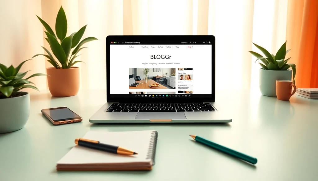 A modern blogging workspace for blogapp.blog featuring a laptop, notepad, and warm ambiance.