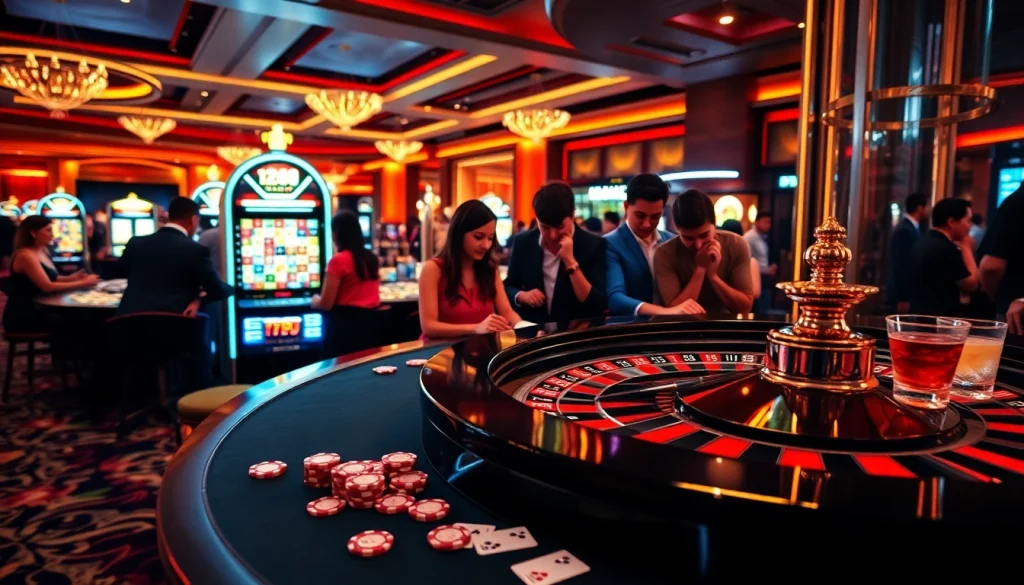 Exciting gambling scene showcasing 123WIN at a lavish casino with players and vibrant slot machines.