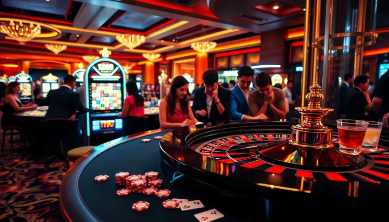Exciting gambling scene showcasing 123WIN at a lavish casino with players and vibrant slot machines.