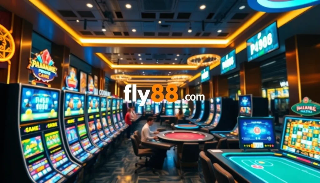 Exciting online casino atmosphere featuring games at fly88 .com with vibrant lighting and modern design.