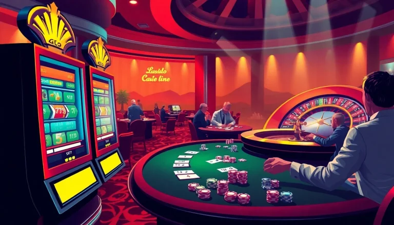 Experience the thrill of 상품권카드 gaming at a lavish casino with vibrant poker tables and spinning roulette wheels.