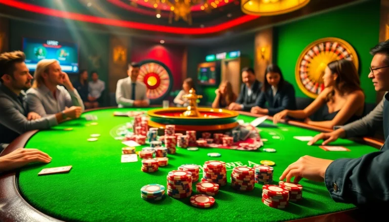 gamblers celebrating wins at nhà cái usbet with colorful poker games and vibrant casino ambiance