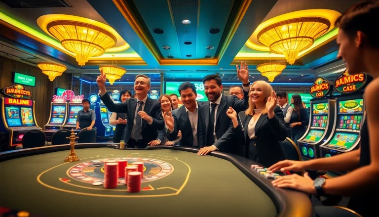 Excited players enjoying the GG88 casino experience at a glamorous gaming table.