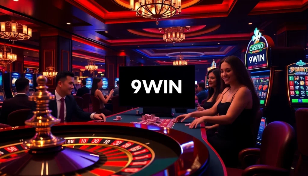 Players experiencing the excitement of 9WIN online casino with colorful gambling elements.