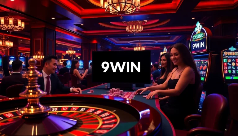 Players experiencing the excitement of 9WIN online casino with colorful gambling elements.
