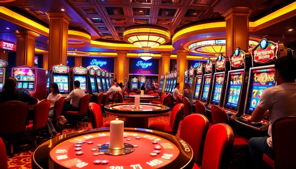 Experience the thrill of Slot Online with illuminated slot machines and excited players.