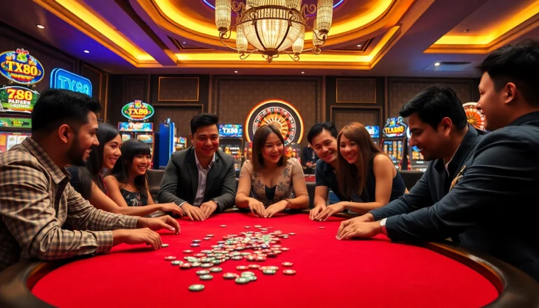 TX88 players enjoying a thrilling poker game at a luxurious casino table with vibrant slot machines.