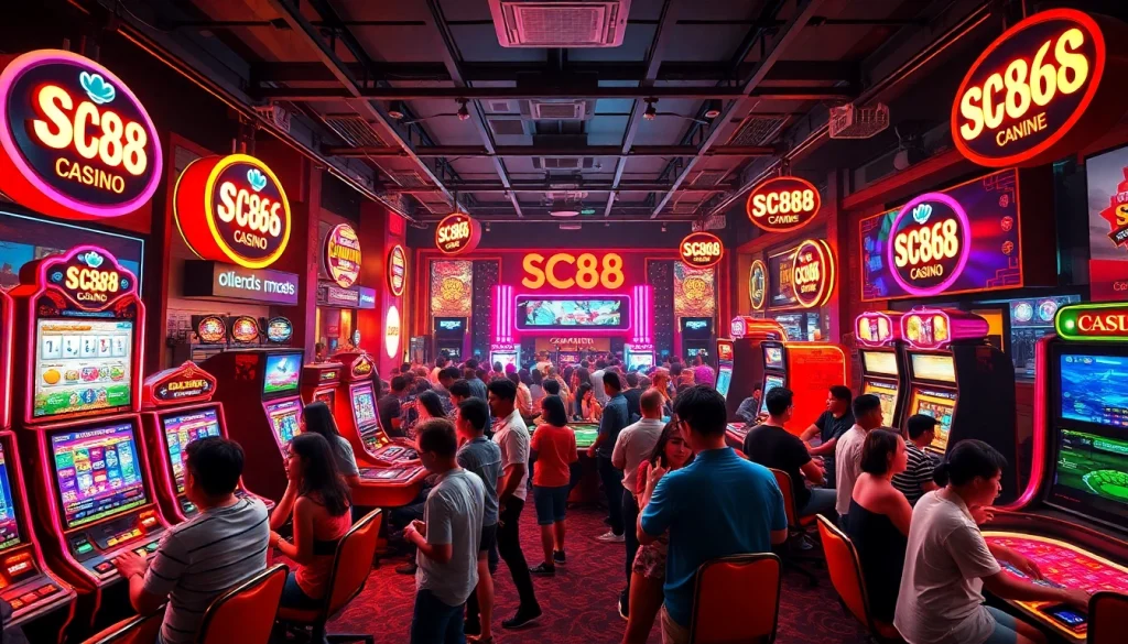 Exciting SC88 online casino scene showcasing players engaging in diverse games, glowing with vibrant neon lighting.