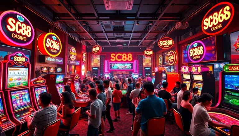 Exciting SC88 online casino scene showcasing players engaging in diverse games, glowing with vibrant neon lighting.