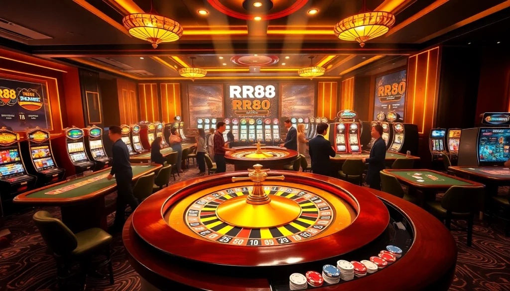 Participants enjoying the gaming experience at https://rr88.lat/, featuring poker tables and roulette wheels.