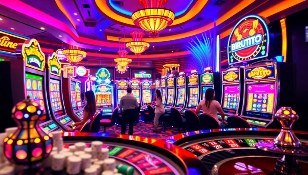 Players enjoying the excitement of birutoto at vibrant slot machines in a luxurious casino setting.