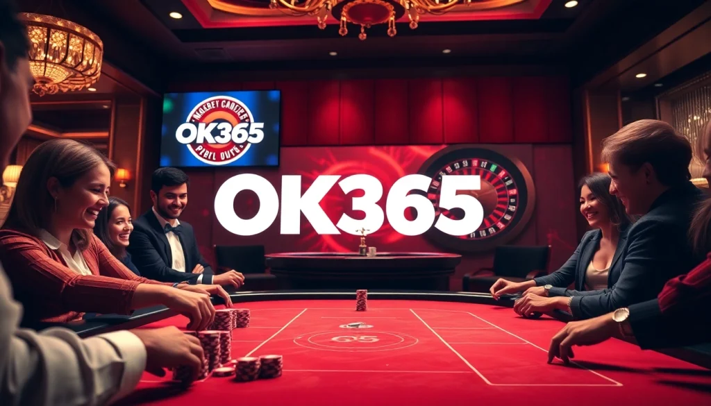 Excited players at the poker table with OK365 logo showcasing thrilling casino experience.