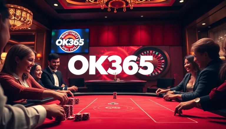 Excited players at the poker table with OK365 logo showcasing thrilling casino experience.