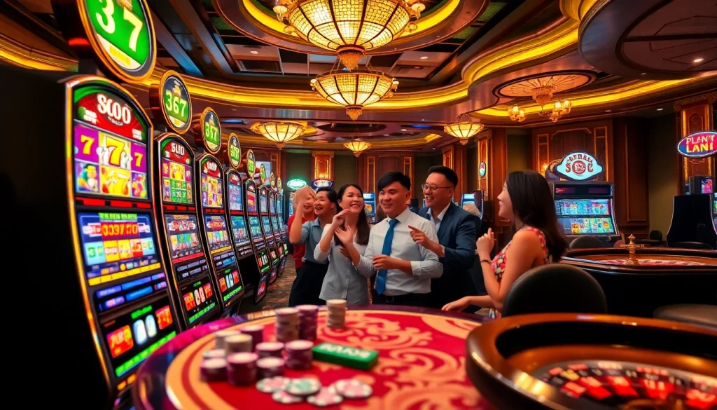 Experience Slot Gacor Hari ini with players celebrating wins at vibrant casino slot machines.