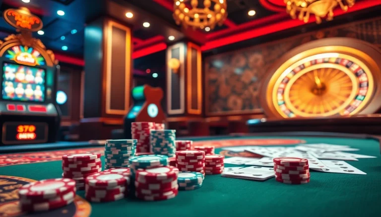 A thrilling casino scene showcasing 78win vip poker action and vibrant slot machines.