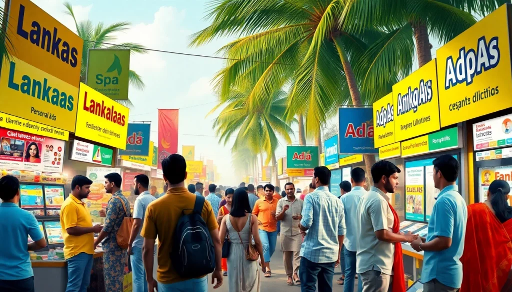 Lanka Ad vibrant marketplace showcasing diverse individuals trading and connecting.