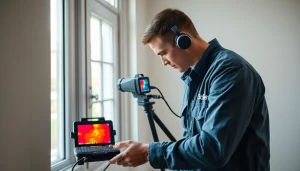 Technician performing hidden leak detection using thermal imaging technology to identify water damage in a residential setting.