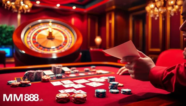 Experience thrilling gameplay at https://mm88.sh/ with a vibrant casino table showcasing poker chips and cards.