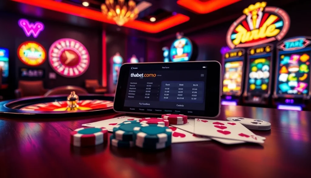 Engaging moment with thabet com on a smartphone amidst vibrant casino elements.