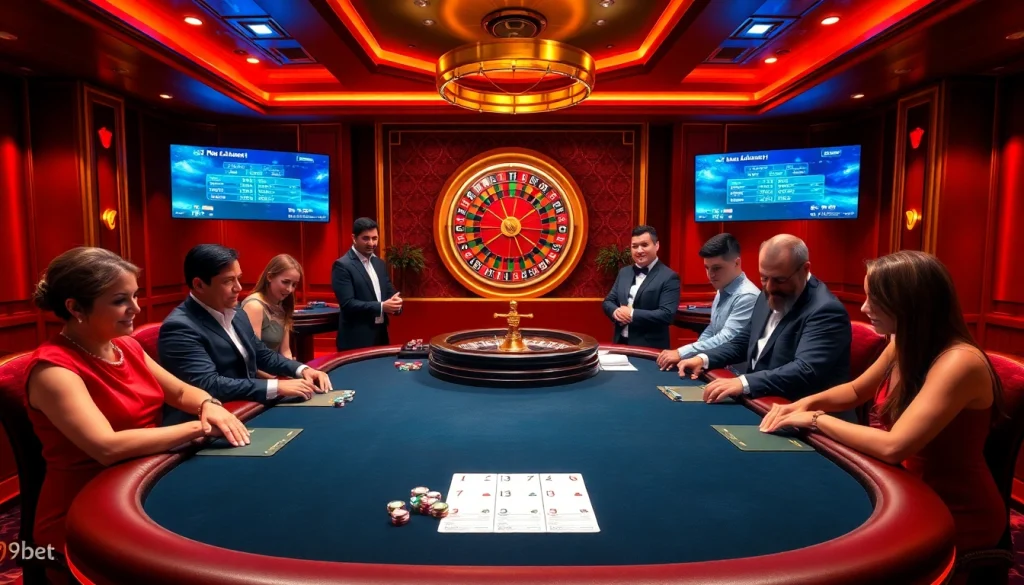 Experience the excitement of i9bet with a lively casino scene featuring high-stakes poker and roulette.