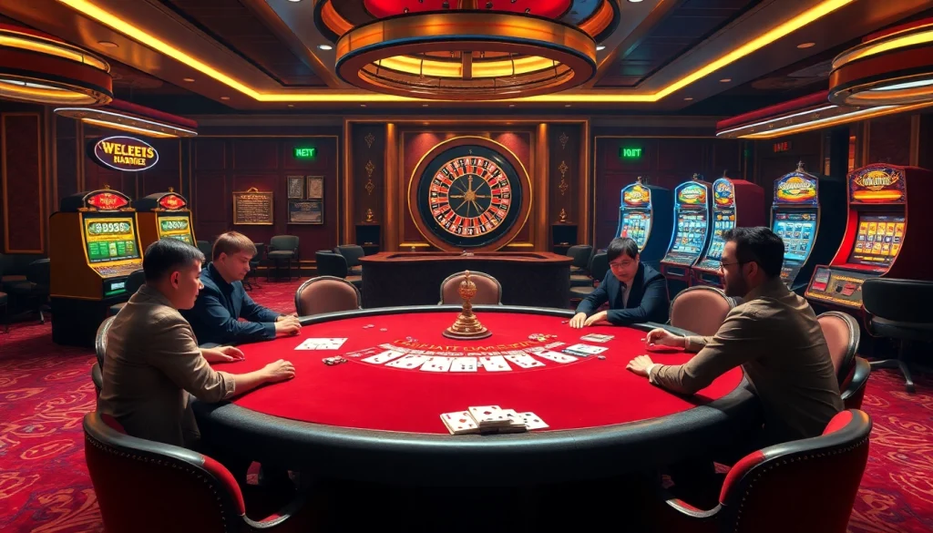 Engaging poker players in a luxurious casino scene showcasing https://u888hii.com/ and vibrant gaming elements.