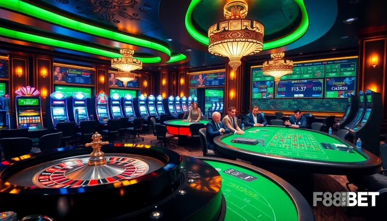 Players enjoy an exhilarating F88BET experience at a luxurious casino, celebrating wins at the poker table.