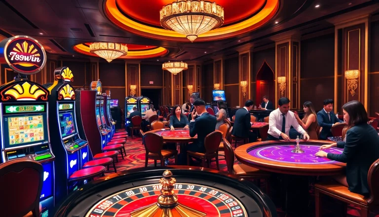 Experience the thrill of 789win with vibrant casino scenes featuring players at roulette tables and slot machines.