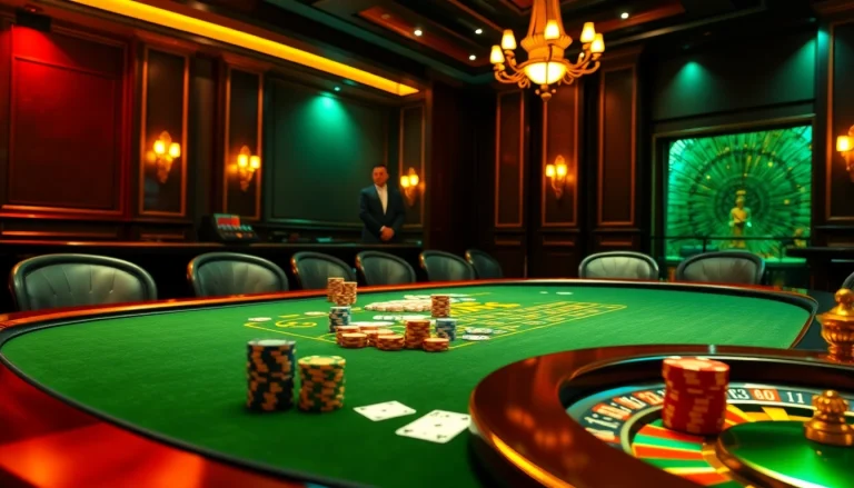 Experience FABET's thrilling casino atmosphere with high-stakes poker and vibrant chips.