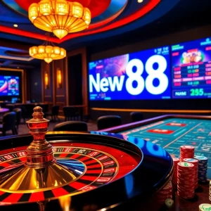 Experience the thrill of winning at New88, highlighted by an elegant casino table and vibrant gambling elements.