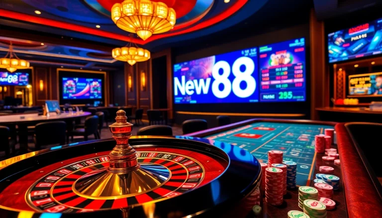 Experience the thrill of winning at New88, highlighted by an elegant casino table and vibrant gambling elements.