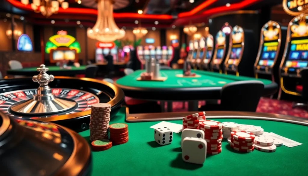 Exciting gambling action at Hello88 with roulette and poker tables alive with players.