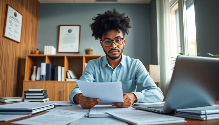 Sworn translator working diligently on legal documents in a professional office setting.