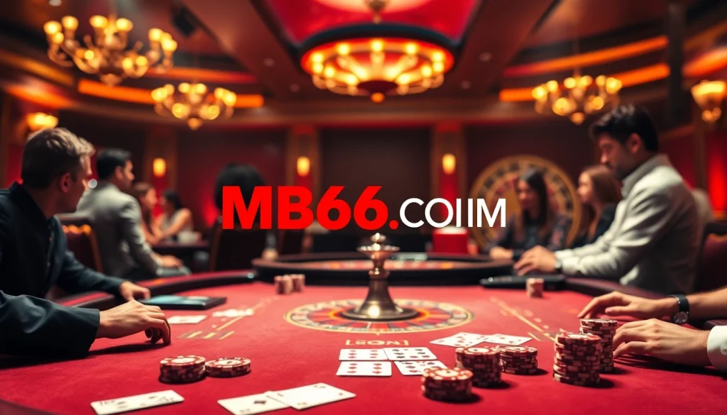 Experience high-stakes gambling action at MB66.COM with a stunning poker table and roulette wheel.