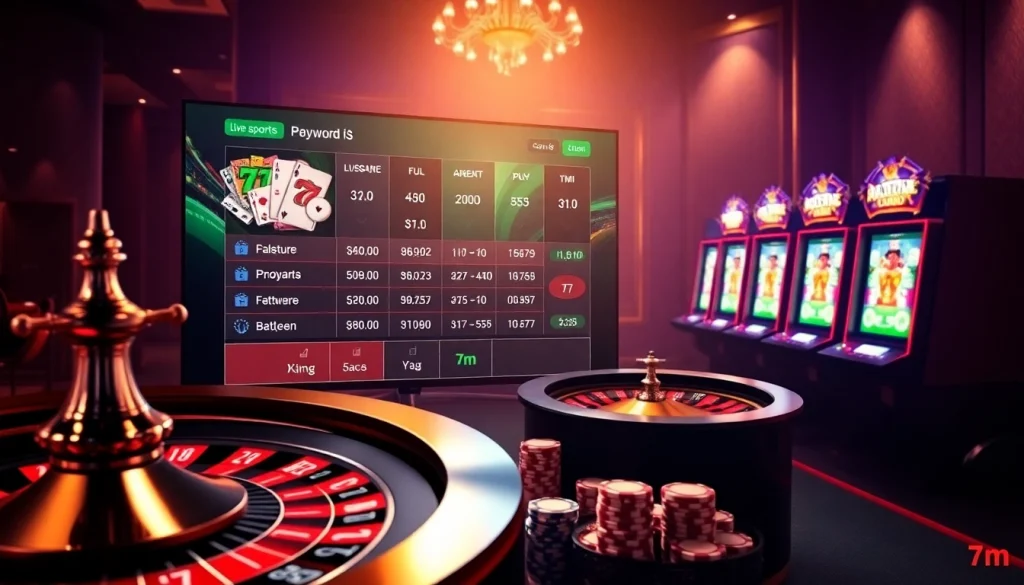 Live betting action on 7m soccer scores with a luxurious casino backdrop.