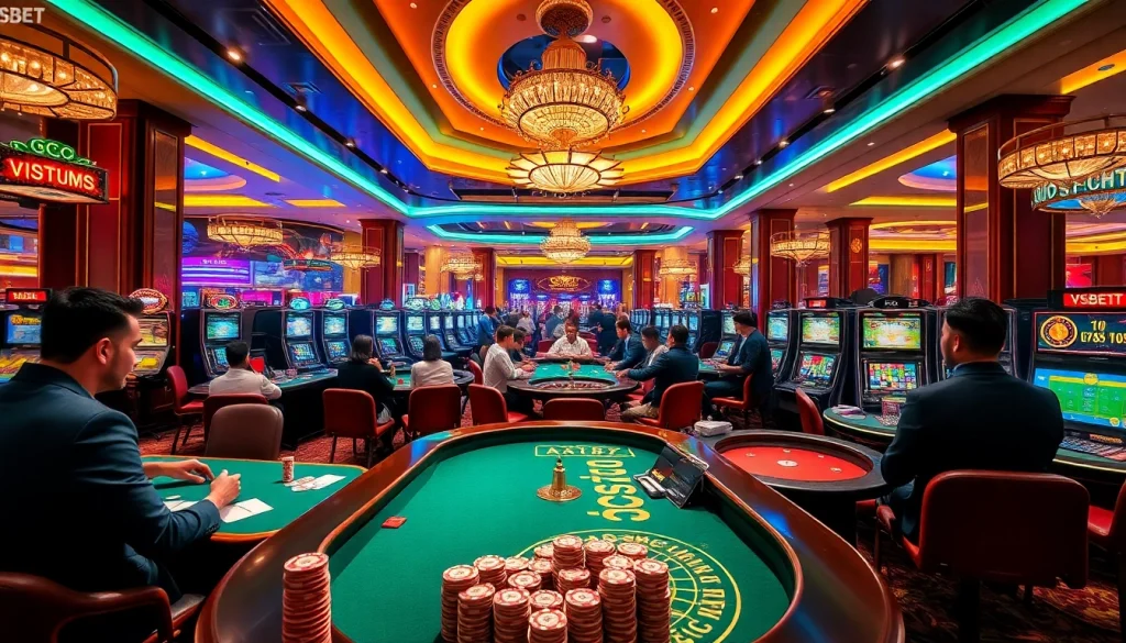 Captivating casino scene showcasing VSBET excitement with game tables and vibrant slot machines.