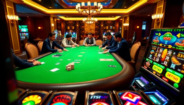 Engage in exciting poker at MM88's luxurious casino tables with vibrant chips and cards.