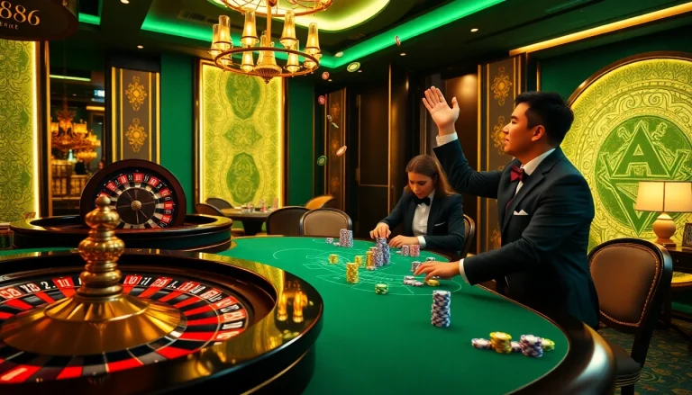 Excitement at a QQ888 casino table filled with poker chips and a roulette wheel