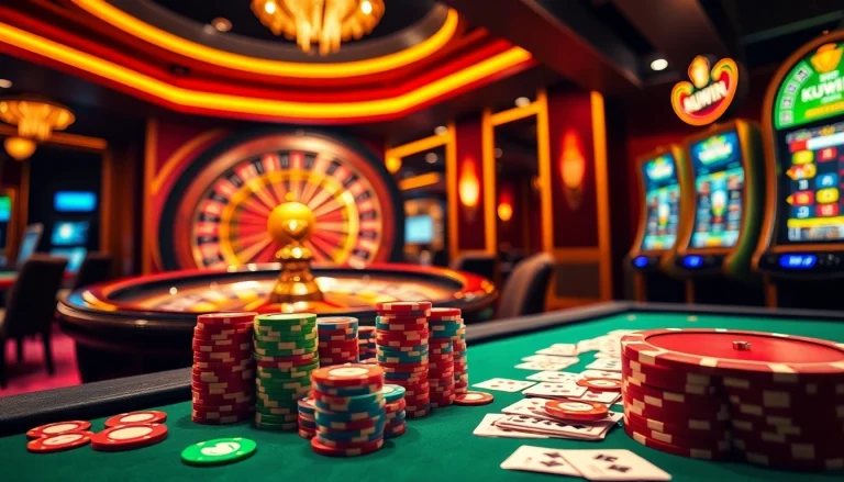 Kuwin casino scene showcasing a vibrant gaming table with poker chips and roulette wheel.