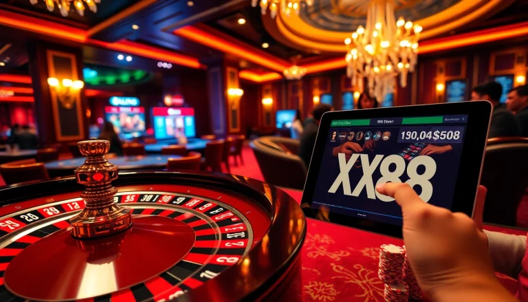 Players engaging in thrilling action at a luxurious XX88 casino table, showcasing vibrant chips and a roulette wheel.